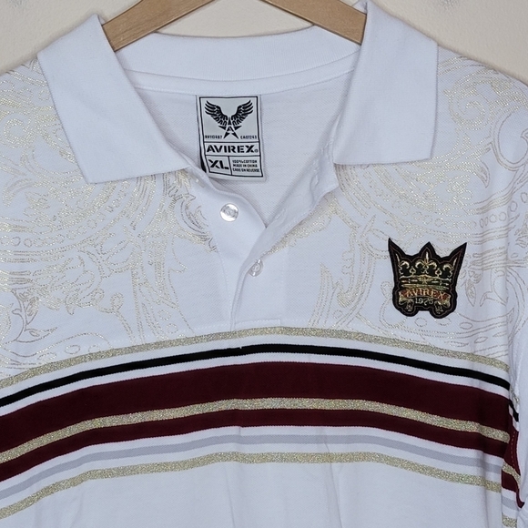 Avirex | Striped Mixed Print White Short Sleeve Polo Shirt - Picture 3 of 4